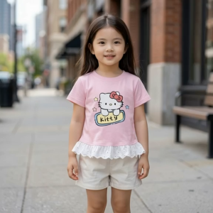 Cute Kitty Girls’ Top with Lace (Ages 2–7)