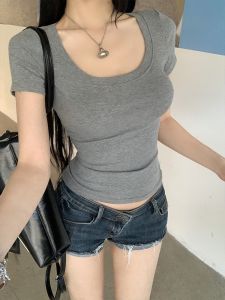 Cotton U-Neck Straight Short Sleeve T-Shirt Crop Top