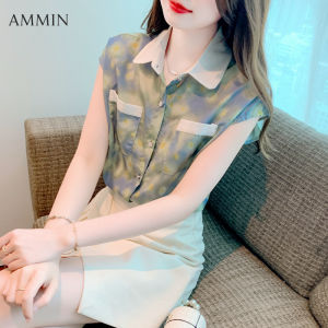 AMMIN เสื้อลายพิมพ์ภาพวาดสีน้ำมันชีฟองแขนสั้นผู้หญิงใหม่ฤดูร้อน 2023 เสื้อแฟชั่นฝรั่งเศสแขนสั้น เก๋ และเสื้ออเนกประสงค์