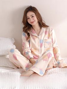MiiOW | Pure Cotton Long Sleeve Womens Sleepwear Set Sweet Fashion Home Clothes Pink Heart Print Comfortable Breathable Spring Autumn