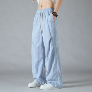 กางเกงลำลองผู้ชายผ้าไหมน้ำแข็งฤดูร้อน ระบายอากาศได้ดี แห้งเร็ว กางเกงขายาวทรงตรงหลวมๆ สำหรับเล่นกีฬาและชุดลำลอง