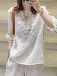 Shalldoer | V-Neck Embroidered Ethnic Short Sleeve Shirt