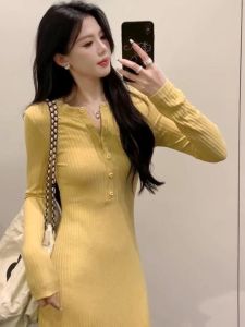 K-style Yellow Silm Long Sleeves Knitting Dress Female Fall Elegant Slimming Dress Tight-Fitting Cinched Hip Skirt