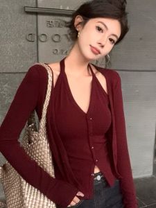 Áo Len Dệt Kim Dài Tay Phong Cách Mỹ Dành Cho Nữ Thời Trang Mùa Đông 2025 Áo Khoác Cardigan Hở Cổ Thiết Kế Dây Đeo Dài