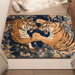 Thảm Trải Sàn Chống Trượt VIKAMA Vintage Floral Two Tigers - Thảm Chào Mừng In Hình Động Vật Phương Đông Để Trang Trí Nhà Trong Nhà 100% Polyester