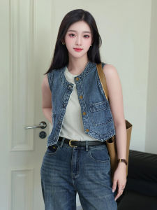 เสื้อกั๊กยีนส์แขนกุดบางสำหรับผู้หญิง ฤดูร้อน 2025 เสื้อแจ็คเก็ตสั้นแบบสวมหัว ผ้าฝ้ายผสมโพลีเอสเตอร์ ทรงเข้ารูป สไตล์ฮ่องกง