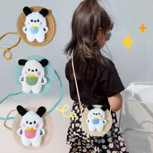Girls Crossbag Summer Cartoon Straw Shoulder Bag Cute Dog Straw Round Bag