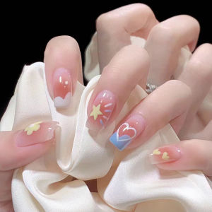 24Pcs Mid-length Ballet French Nail Tips Fake Square Head Pink Gradient Star Heart Press on False Nail Sweet Detachable Nail Set
