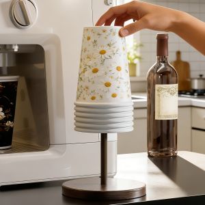 Wooden Cup Holder Stand For Countertop Coffee Disposable Paper Kitchen Office Desk Organizer Washing Basket Produce Bowl
