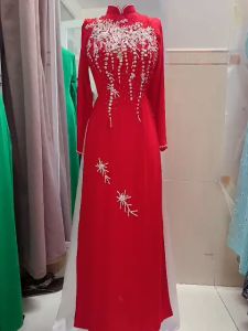 áo dài dự tiệc cưới hỏi màu đỏ tươi Cổ cao y hình ảnh thật 100%