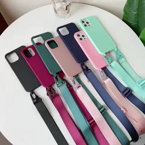 Crossbody Necklace Strap Lanyard Matte Silicone Case For iPhone 16 15 14 Pro Max 11 12 13 XR X XS 6 7 8 Plus SE Shockproof Cover