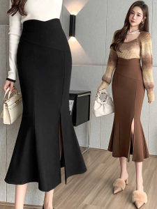 Váy Chữ a Cạp Cao Cho Nữ Mùa Xuân Thu Dài Vừa Phải Váy Đuôi Cá Xẻ Tà Váy Chữ a Ôm Sát Váy Dài Màu Trơn Phong Cách Công Sở