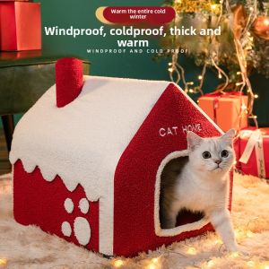 MONLEYTA | Christmas Cat Villa Winter Warm All-season Closed Dog House Comprehensive Cat Shelter Supplies Cat Villa Christmas Theme