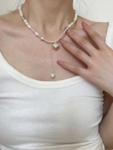 S925 Sterling Silver Pearl Pendant Necklace Womens Fashion Elegant Lightweight Tassel Choker Chain Jewelry Korean Style