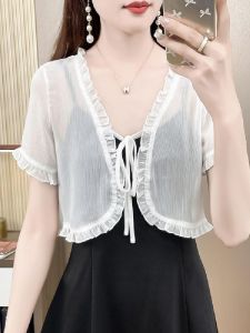 Shoulder Shawl Strap Dress Outer Summer Cover Thin Shoulder Snowflake Short Sleeve Short Length Open Cardigan Top Daily Wear