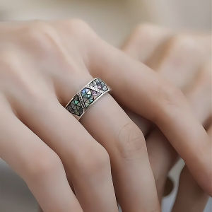 New Chinese Style Colorful Shell Geometry Graffiti Diamond Patterned Totem Bracelet National Trend Niche Design Versatile Open Adjustable Hand Ring