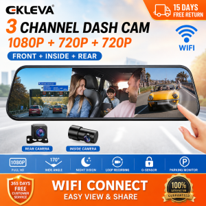 EKLEVA 3 Channels Mirror Camera WiFi Car Video Recorder Rearview mirror Dash Cam Front and Inside with Rear Camera Mirror DVR Black Box