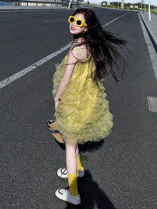 Girls Summer Fairy Tale Beach Vacation Skirt Dress Mesh Puffy Sleeveless Cake Style Dress Korean Style mid Waist Dress