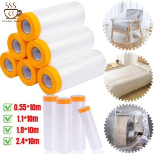 10m/Roll Disposable Furniture Dust Covers Self-adhesive Dormitory Cabinet Bed Sofa Protective Film Transparent Masking Film with Tape