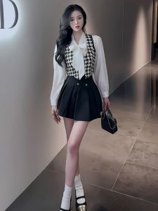 Spring New Style Womens Polo Collar Shirt Butterfly Knot High Waist Pleated Skirt Three Piece Set Fashionable Elegant Ensemble