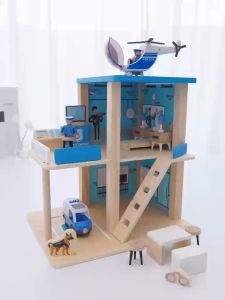 Hntob Wooden Police Station Playset Wood Fire Truck Helicopter Complete Accesorries Set Pretend