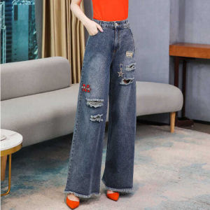 Quần Jeans Denim Rộng Thêu Hoa Phong Cách Mùa Xuân Thu Quần Ống Rộng Thẳng Cạp Cao Quần Dài Thường Ngày Cho Nữ