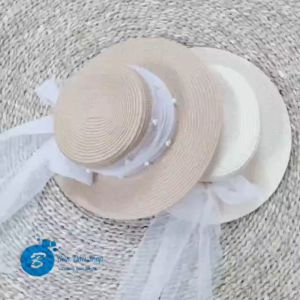 Mũ Cói Thắt Nơ Voan Lưới Đính Hạt