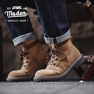 รองเท้าบูทขี่จักรยานสำหรับผู้ชายรองเท้าบูทวินเทจแท้หนังสไตล์ผู้ชายรองเท้าบูททะเลทรายสไตล์อเมริกันใหม่2025ฤดูใบไม้ร่วง