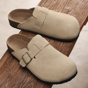 Mens Slip-On Wooden Sandals Anti-Slip Summer Slippers Comfortable Soft Leather Flat Heel Breathable Sporty Casual Footwear