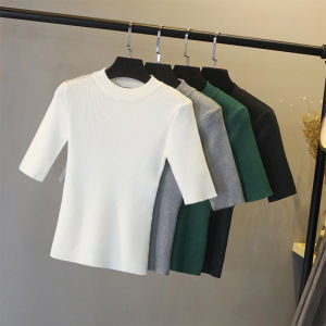 Spring and Autumn Half-Length Sleeve Underwear Blouse Half High Collar T-shirt Silm Pure Color Sweater Middle Sleeve Pullover Easiest for Match Womens Half Sleeve