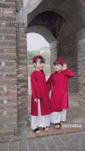AD45 Áo dài Tấc lụa đỏ BERNIE quần áo dài cho bé trai bé gái đi chơi Lễ Tết du Xuân chụp hình