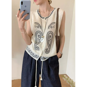 YUEZHONGWEI | New Chinese Style Heavy Embroidery Ice Silk Linen Knitted Vest Women Summer Outdoor Loose Slimming Sleeveless Top