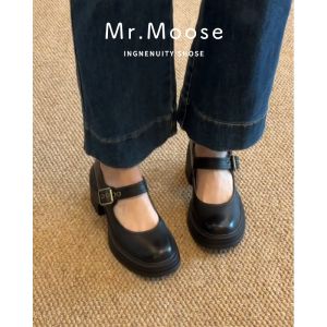 Retro Style Waterproof Thick Heel Mary Jane Shoes Buckle round Toe Slip-On Womens Commuter Shoes Fashionable Casual Flats