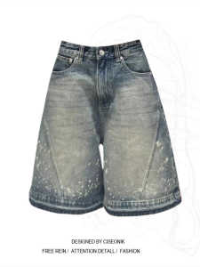 พลัสไซส์ ผู้หญิง ฉีก เดนิม กางเกงขาสั้น ฤดูร้อน ลำลอง ล้างหมึกกระเด็นห้าจุด กางเกง หลวม Fit กางเกงยีนส์ สําหรับสุภาพสตรีโค้ง