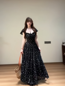 plus Size Floral Print Square Neck Slimming Long Dress Summer New Style French Style Tea Break Dress Elegant Personality Dress