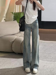 สีน้ําเงิน สูง เอว ขาตรง เดนิม กางเกงยีนส์ ผู้หญิง ฤดูร้อน American Retro หลวม ขากว้าง ความยาวพื้น กางเกง