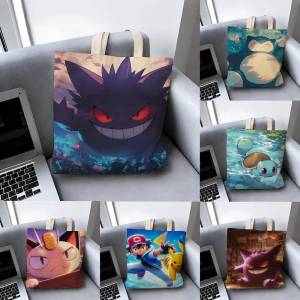 Bandai | Pokemon Pikachu And Eevee Storage Bags Tote Bag Travel Summer Beach Shoulder Bag Reusable Grocery Shopping Bag Anime Artwork