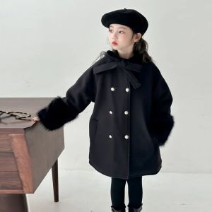 Girls Wool Jackets New Winter Double Breasted Bow Kids Coats Princess Thicken Warm Outerwear Children Black Fashion Clothing