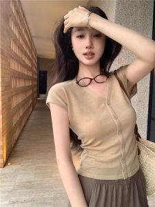 HUOLISI | Retro Knit Short Sleeve Shirt Single Button V-Neck Puff Sleeve Waist Slimming