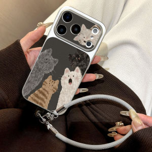 Cute Cat Phone Case For iPhone 17 Pro Max 16 15 13 11 12 14 Pro Max Soft Lichee Pattern Wrist Strap Lanyard Shockproof TPU Cover