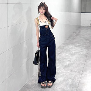 Deep Blue Denim Suspenders Pants High Waist Wide Leg Jeans Straight Cut Spring Summer Womens Fashion Trousers Floor Length