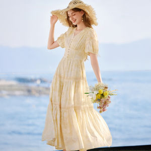 XIANGYING | Yellow V-Neck Puff Sleeves A-Line Dress