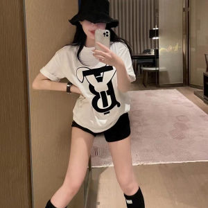 Loose Korean Style Womens T-Shirt Short Sleeve Pure Cotton Mid-Length Slimming Top Fashionable Casual Commute Geometry Pattern