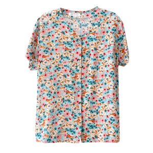 Lightweight Short Sleeve Silk Sleepwear for Women Summer Casual Loose Fit Elderly Artificial Cotton Top Button Decorated Home Clothes