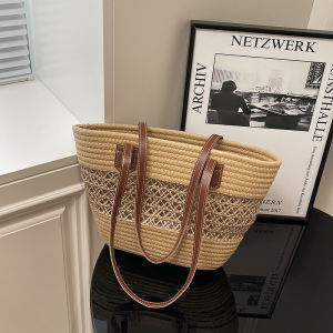 Summer Large Capacity Woven Tote Bag Womens Handheld Basket Bag Fashionable French Style Casual Shopping Bag Soft Handbag