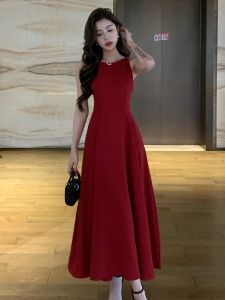 Elegant French Chic Hanging Neck Dress Womens Spring Summer Waist Cinching Large Swing White Long Skirt Retro Style A-Line