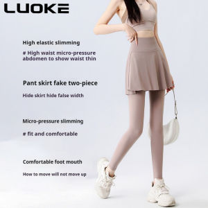 Luoke Yoga Women with High Waist Slim Fit Running Fitness Shark Pants Sports Pants Fake Two-piece Skirt Pants