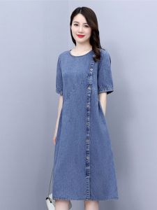 Summer Thin Casual Denim Dress Womens Silk Mom Waist Cinching Slimming Fashionable Belly Covering Midi Skirt