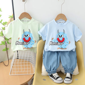 Summer 0-5 years old boys clothing set fashion cartoon T-shirt  with little monster little boys casual pleasantly cool denim trousers two-piece set