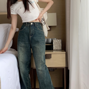 VM 2025กางเกงยีนส์ขายาวเอวสูงทรงกระบอก แต่งขาดกระเป๋าด้านหลัง วินเทจ แนวสวยสุดฮิตวัยรุ่นมากๆ